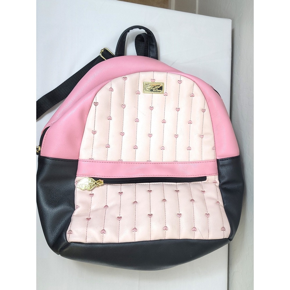 Luv Betsey Backpack Women Pink Black Heart Quilted Faux Leather Gold Tone - Picture 2 of 8